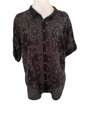 Johnny Was Large Black Gray Floral-Embroidered Button Front Blouse Boho Festival